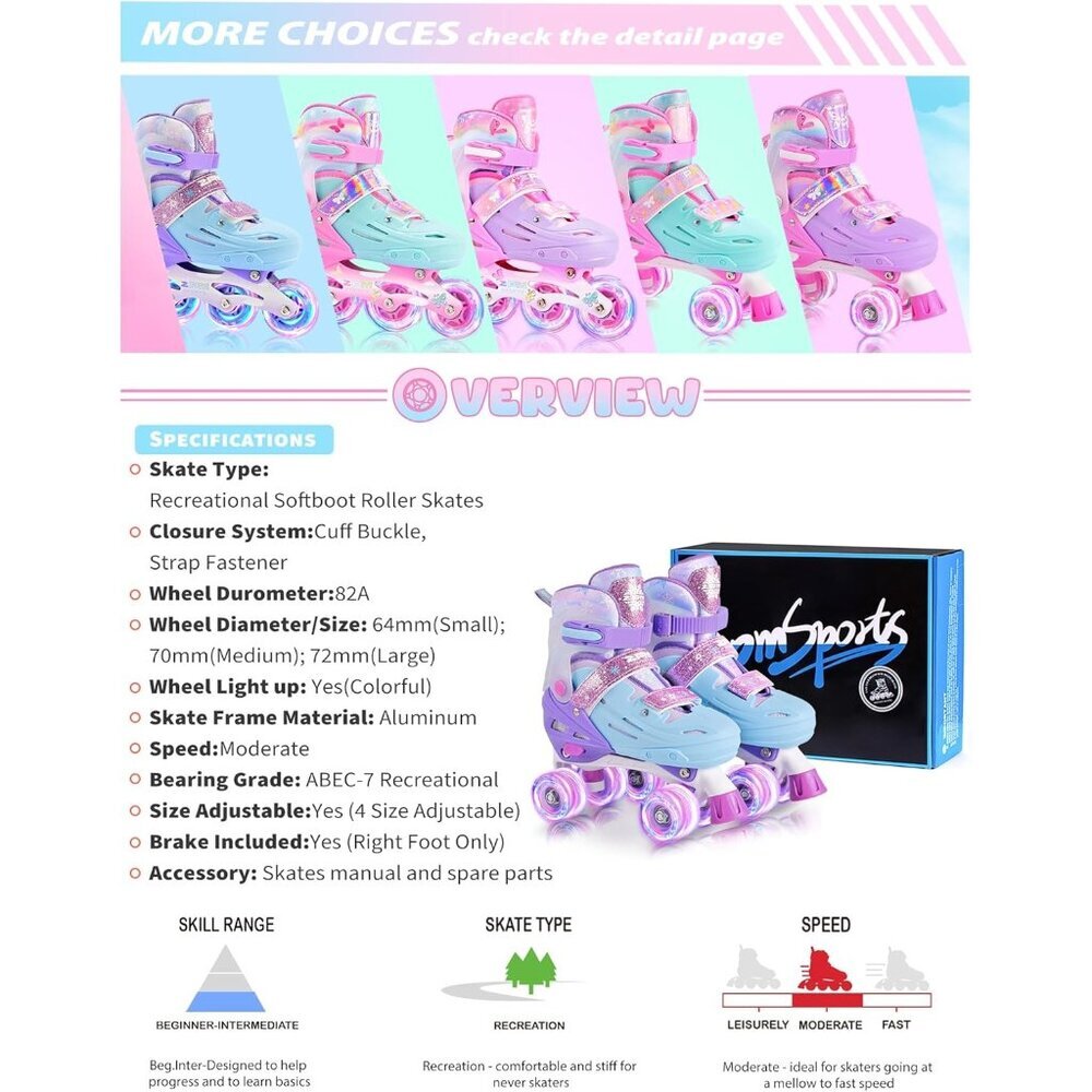 Kids Purple Blue Light Up Wheels Adjustable Youth Plastic Roller Skates Shoes - Picture 8 of 8